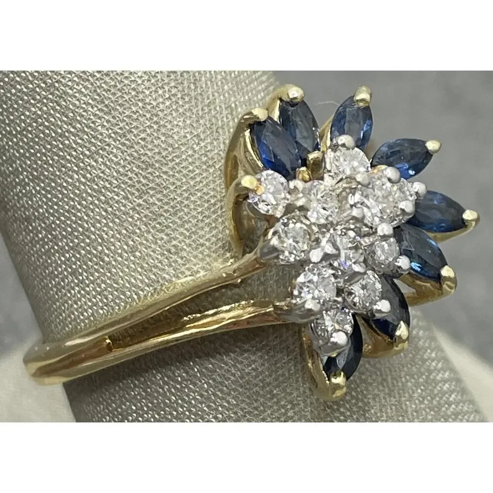 14K Yellow Gold Diamond & Blue Stone Cluster Wave Ring (21886)